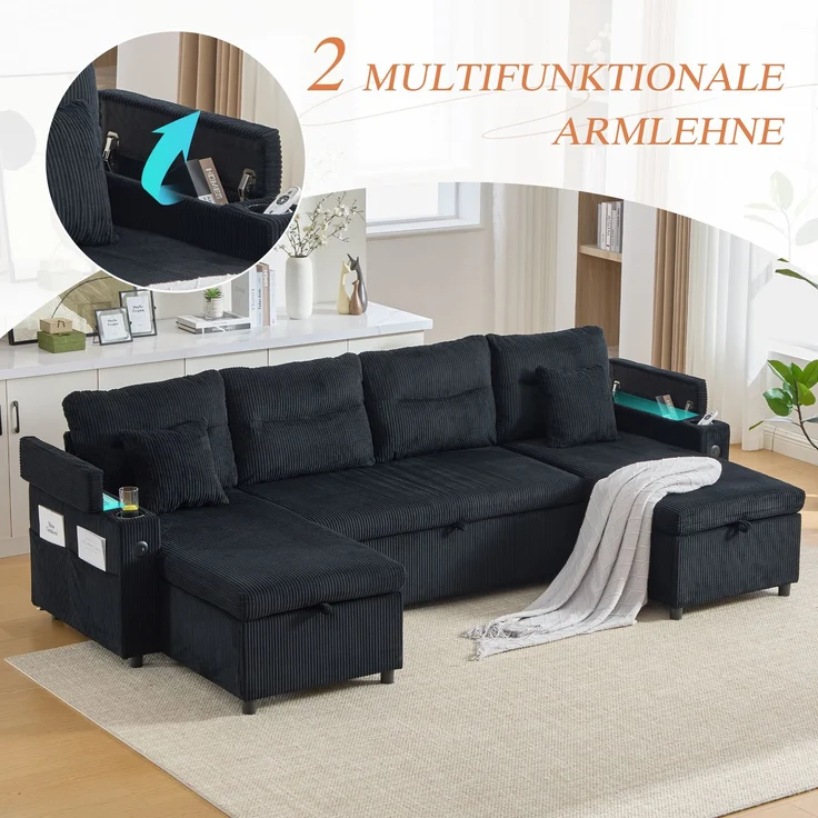 Flieks 4-Sitzer Schlafsofa aus Samt, mit beidseitigen Chaiselongues, Stauraum, Seitentasche, Getränkehaltern und USB-Anschlüssen, Schwarz – Bild 5
