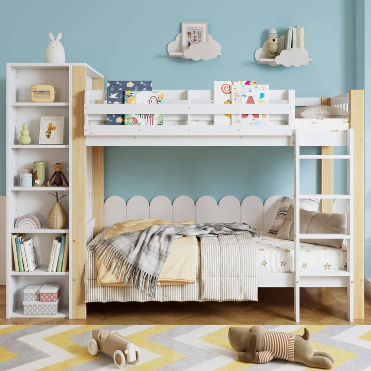 Merax Etagenbett, 90x200cm Kinderbett mit Fallschutz und Gitter, mit 4-stufiger Leiter, 6 offenen Regalen, Kleiderschrank seitlich, Reichlich Stauraum, Kiefer+PB, Weiß+Natur – Bild 1