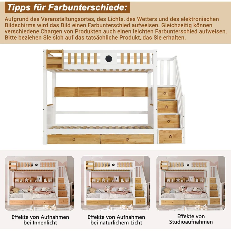 Merax Etagenbett 90x200cm mit Treppe, Reichlich Stauraum, Kinderbett mit 4 Schließfächer in der Treppe, mit Fallschutzgitter und 2 Schubladen, Offenes Regal, Weiß+Natur – Bild 5