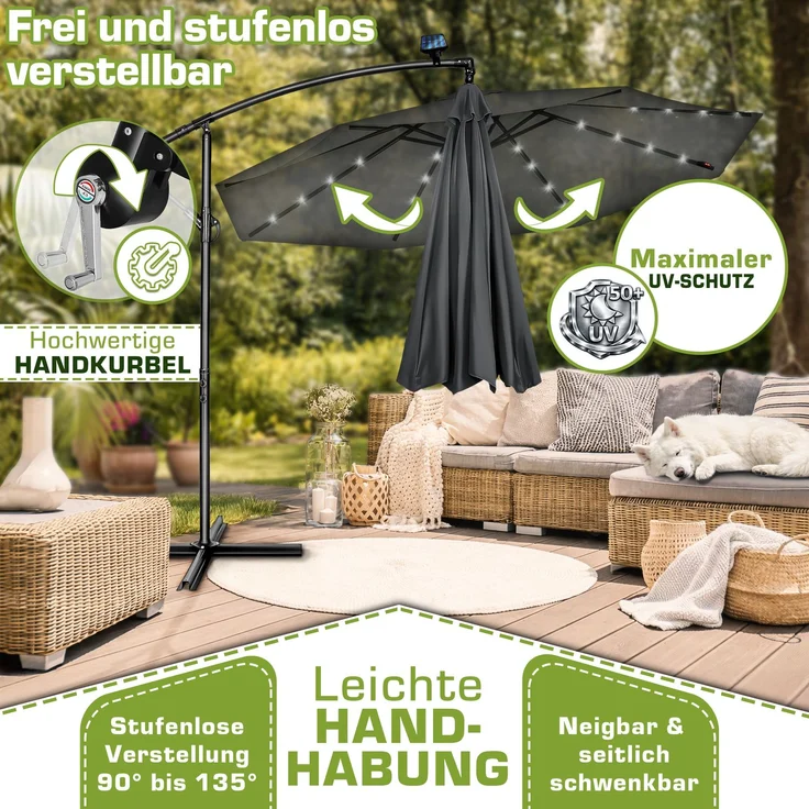 tillvex Alu Ampelschirm Anthrazit LED Solar Ø 300 cm mit Kurbel | Sonnenschirm mit An-/Ausschalter | Gartenschirm UV-Schutz Aluminium | Kurbelschirm mit Ständer Marktschirm wasserdicht – Bild 3