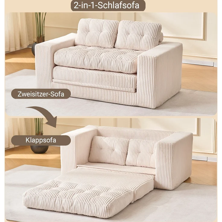EINHOM Zweisitzer-Schlafsofa mit Memory-Schaum – kein Aufbau erforderlich, 2-in-1-Funktion, Cordbezug – kompaktes Sofa für kleine Räume, Wohnungen, Homeoffice und Schlafzimmer – Bild 3