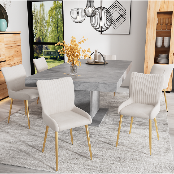 Esszimmerstuhl-Set, Samt, 6er-Set mit Metallgestell, 58×47×85 cm, Beige/Gold