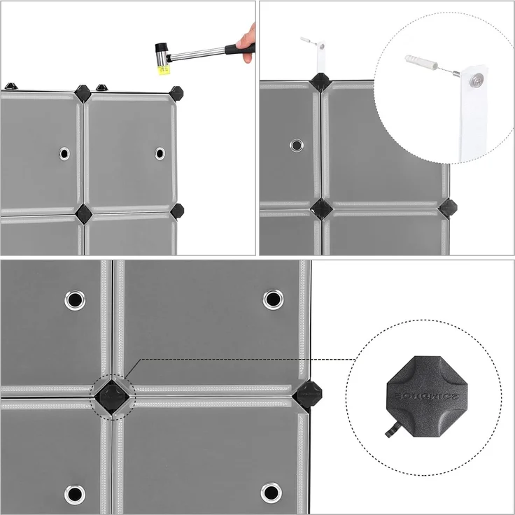 SONGMICS Regalsystem, Schuhregal, Set aus 9 Würfeln, Kleiderschrank aus Kunststoff, mit Türen, Steckregal, Aufbewahrung von Kleidung, Schuhen und Büchern, einfache Montage, schwarz LPC116HS – Bild 7