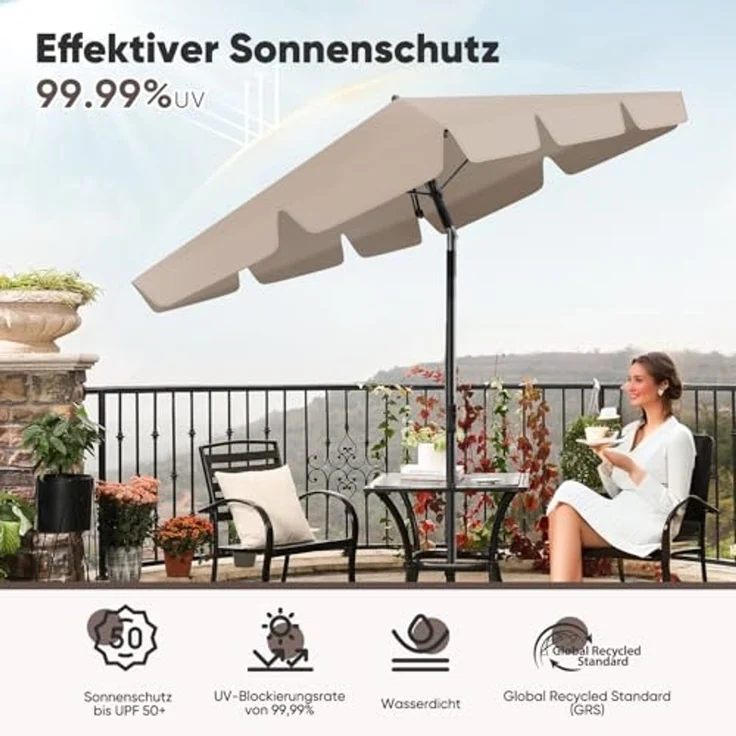 Sekey Rechteckschirm Sonnenschirm Rechteckig Balkon Balkonschirm Knickbar, LxB: 210,00x140,00 cm, UV50+ Sonnenschutz, für Terrasse – Bild 4