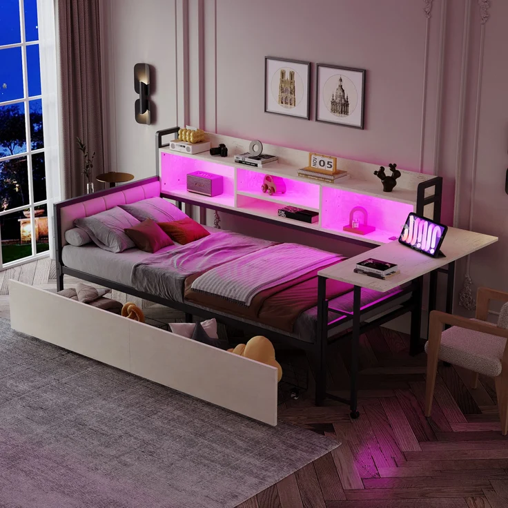 Bett 90x200 cm mit Stauraum und LED-Beleuchtung – Einzelbett aus Metall mit ausziehbarem Schreibtisch – Bild 3