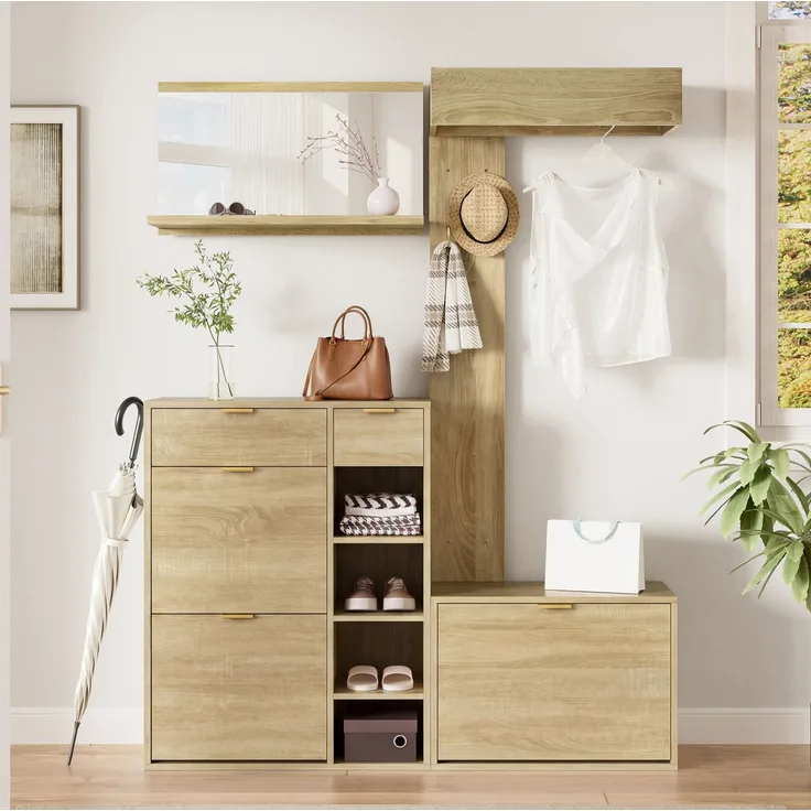 Garderobenset 4-teilig mit Schuhschrank, Sitzbank und Spiegel, 130x30x174 cm, Natur