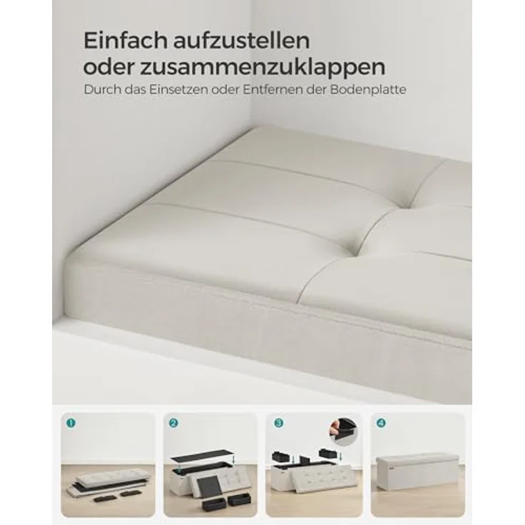 SONGMICS Sitzhocker mit Stauraum, klappbare Sitzbank, 38 x 110 x 38 cm Fußbank, Aufbewahrungsbox, bis 300 kg belastbar, für Wohnzimmer Schlafzimmer Flur, cremeweiß LSF277W01 – Bild 8