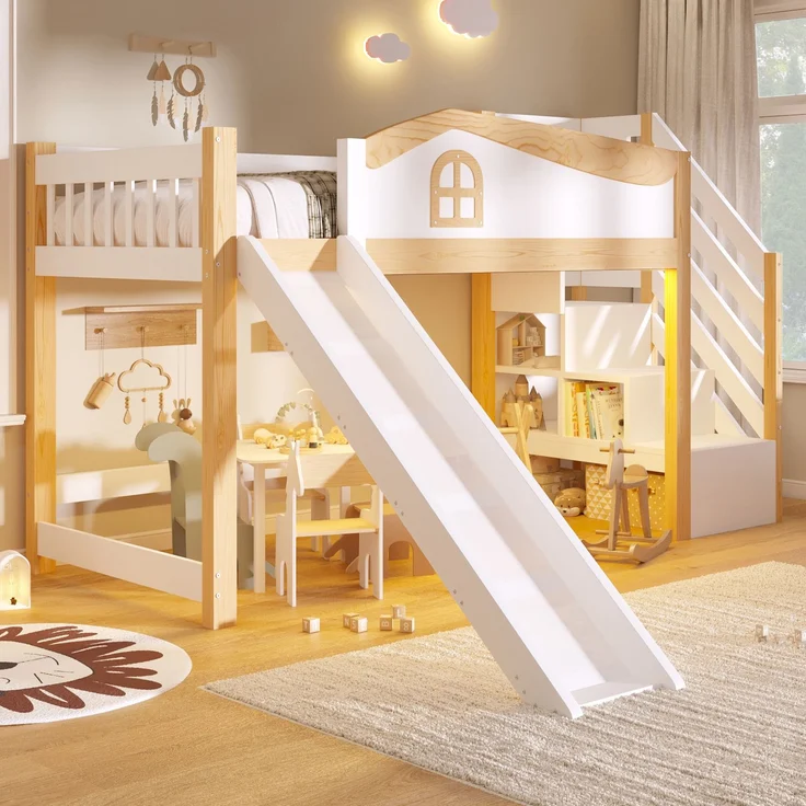 Halbhohes Bett, 90x200cm, Sicherheitsgeländer, Stauraumleiter, Rutsche, mit LED-Lichtleiste, Weiß – Bild 2