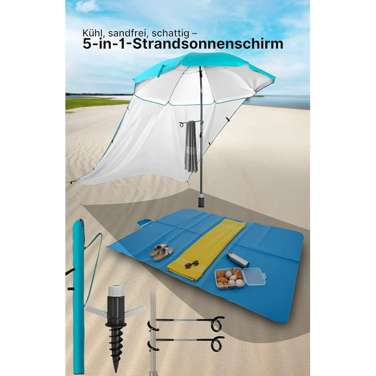 4smile Sonnenschirm, 5er-Set, Türkis, praktischer Sonnenschirm Strand, Ø 200 cm, Stabiler Strandschirm, Schirmständer Erdspieß, Sonnensegel Strand, kompakte Stranddecke, Schirmhülle – Bild 2