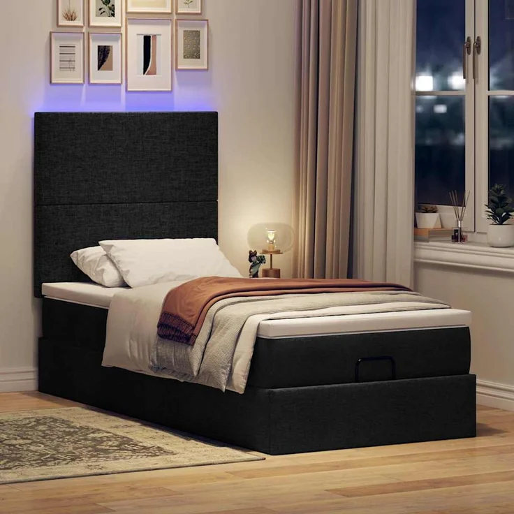 vidaXL Ottoman-Bett mit Matratze & LEDs Schwarz 90x200 cm Stoff 3313894 – Bild 3