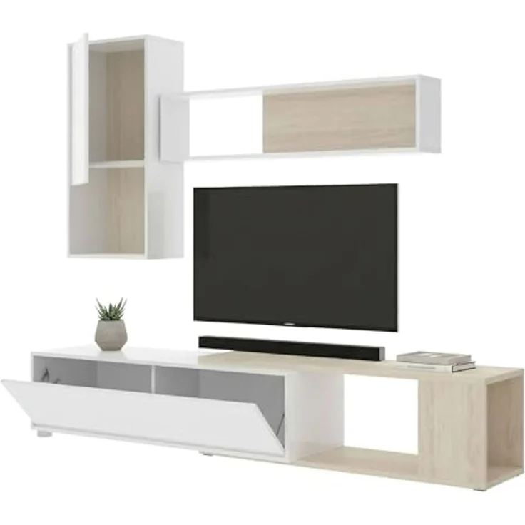 Dmora - Wohnwand Denali, modulares Eck-Wohnzimmerset, Multipositions-Wohnzimmermöbel, 230 x 41 x 180 cm, Weiß und Eiche – Bild 3
