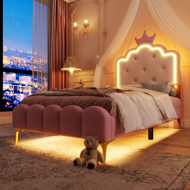 Prinzessinnenbett Kinderbett 90x200 rosa mit LED-Ambientebeleuchtung Metallfüße Kunstleder Polsterbett – Bild 2