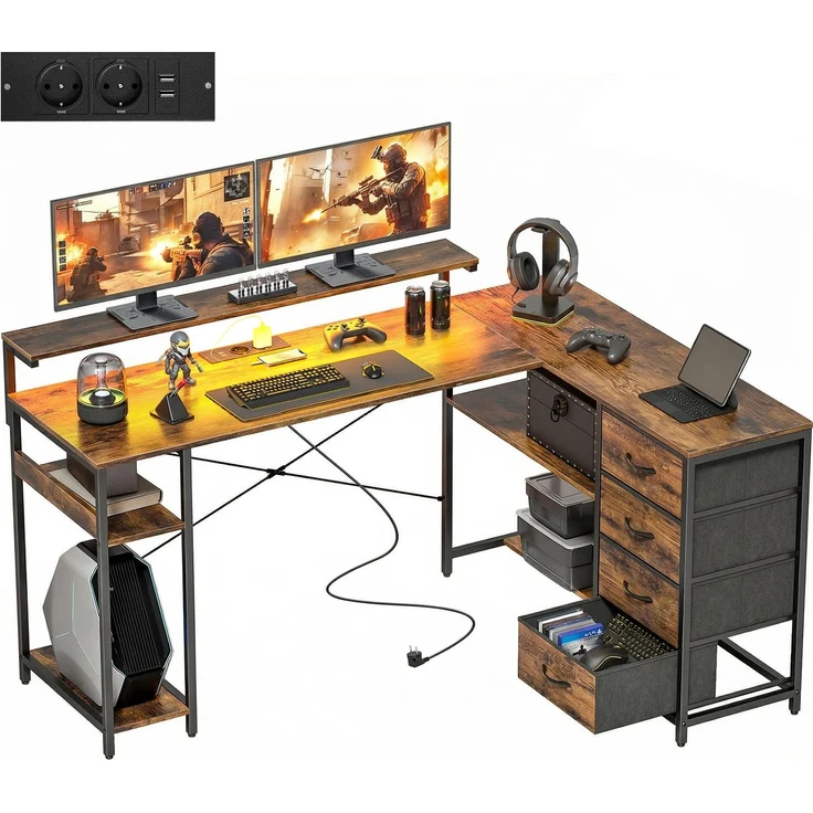 MELAYR, Gaming Tisch L-förmig Schreibtisch mit Stromanschluss LED-Beleuchtung 4, 155 x 110 x 91.4 cm, Rustikal-Braun – Bild 2
