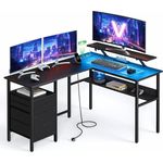 Vasagle L-förmiger Schreibtisch mit Steckdosen, Eckschreibtisch, Computertisch, Monitorständer, Gaming-Tisch, LED-Beleuchtung, USB-Anschlüsse, einfache Montage, Homeoffice, ebenholzschwarz von Songmics
