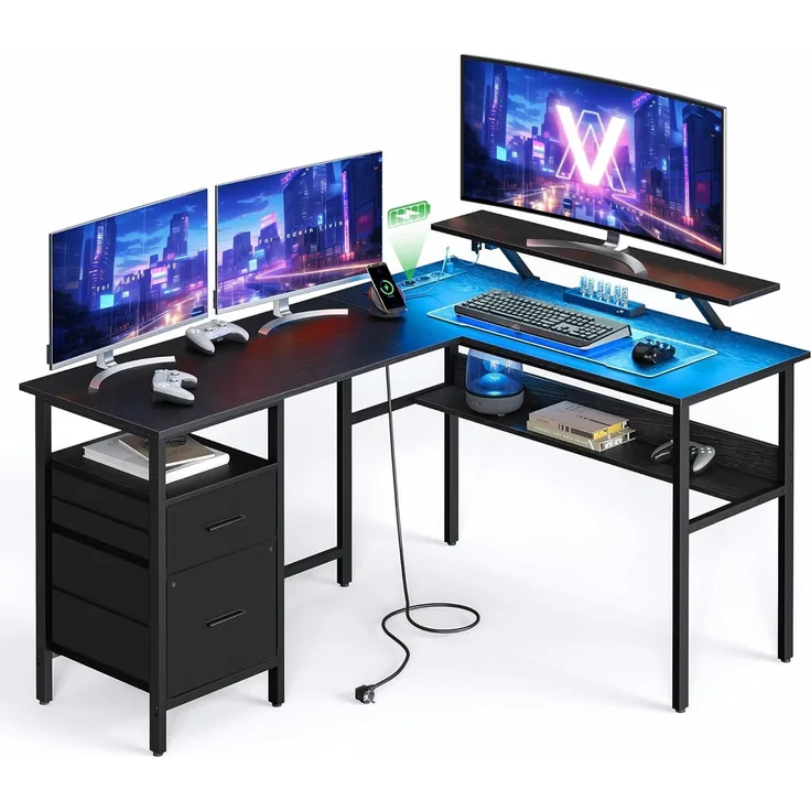 Vasagle L-förmiger Schreibtisch mit Steckdosen, Eckschreibtisch, Computertisch, Monitorständer, Gaming-Tisch, LED-Beleuchtung, USB-Anschlüsse, einfache Montage, Homeoffice, ebenholzschwarz von Songmics