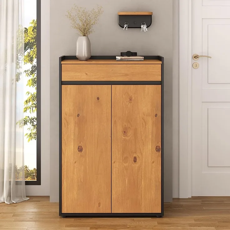 IDIMEX Schuhschrank TILO Schuhkommode mit Schublade & Türen aus Massivholz Schwarz/Eiche farben