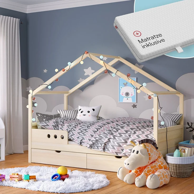 Bellabino 'Bela' Hausbett 90x200 cm mit Matratze und großer Schublade, natur, Kiefer Massivholz, Montessori Kinderbett mit Stauraum, inkl. Rausfallschutz und Lattenrost – Bild 1