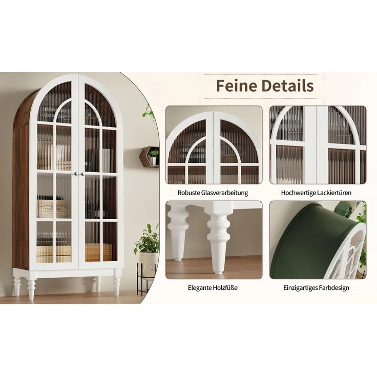 Vitrinenschrank 76 x 38,5 x 165 cm in Weiß mit Bogenfront und Riffelglastüren – Bild 9