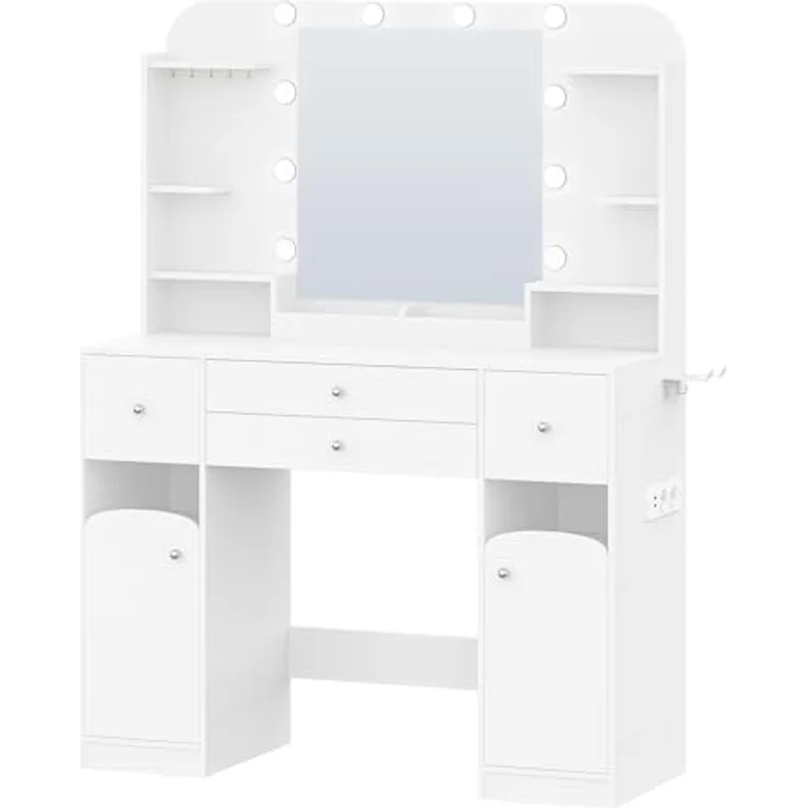 Schminktisch mit LED-Beleuchtung, mit Stecker und Föhnhalter, große Tischplatte 108 cm, Schminktisch mit 2 großen Schubladen mit Schmuckablage, 2 Schränke, 40 x 108 x 144 cm, Weiß – Bild 10