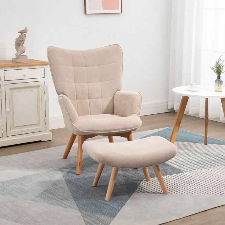 Sessel 72x80x101 cm mit Hocker, Cord-Bezug, Buchenholz‑Beine, beige