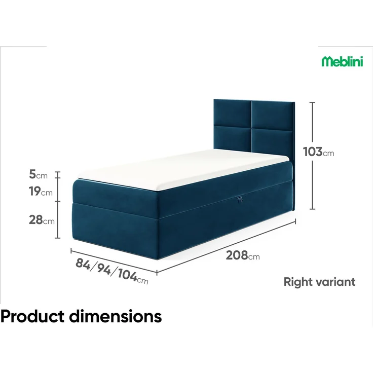 MEBLINI Kinderbett mit Bettkasten MINO 3 90x200 Rechts – H3/Blau Samt Gepolstert Einzelbett mit Matratze - Polsterbett mit Stauraum - Bett mit Kopfteil – Stauraumbett – Bild 5
