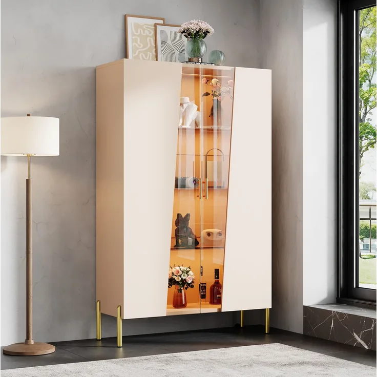 Vitrine 72 x 40 x 145 cm in Beige mit Glastür und mehrfarbiger LED-Beleuchtung