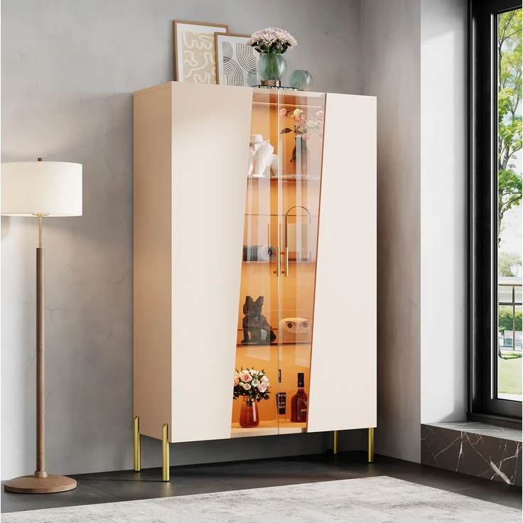 Vitrine 72 x 40 x 145 cm in Beige mit Glastür und mehrfarbiger LED-Beleuchtung – Bild 1
