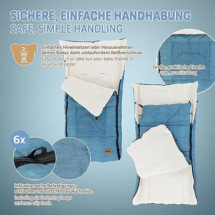 Joyz Fußsack Babyfußsack aus Fleece mit Reißverschluss Winterfußsack, Babyschlafsack Blau bei 40°C waschbar 94x48x10cm inkl. Tasche – Bild 4