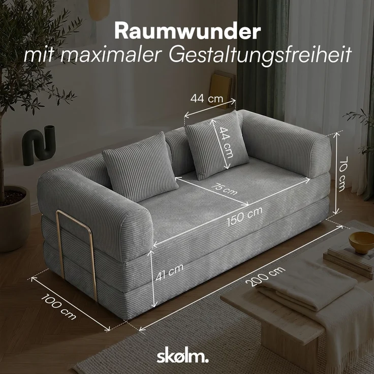 skølm 'Lofn' Modulares Sofa 2 Sitzer, 200x100 cm, Vollschaumcouch mit Metallgestell, Cord dunkelgrau, Schlafsofa vakuumverpackt, kein Aufbau erforderlich – Bild 7