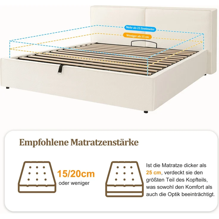U-life Polsterbett 180x200 cm, fürs Schlafzimmer, Doppelbett, Hydraulisches Funktionsbett, Bett mit Lattenrost, Kopfteil, Chenille, Weiß – Bild 9