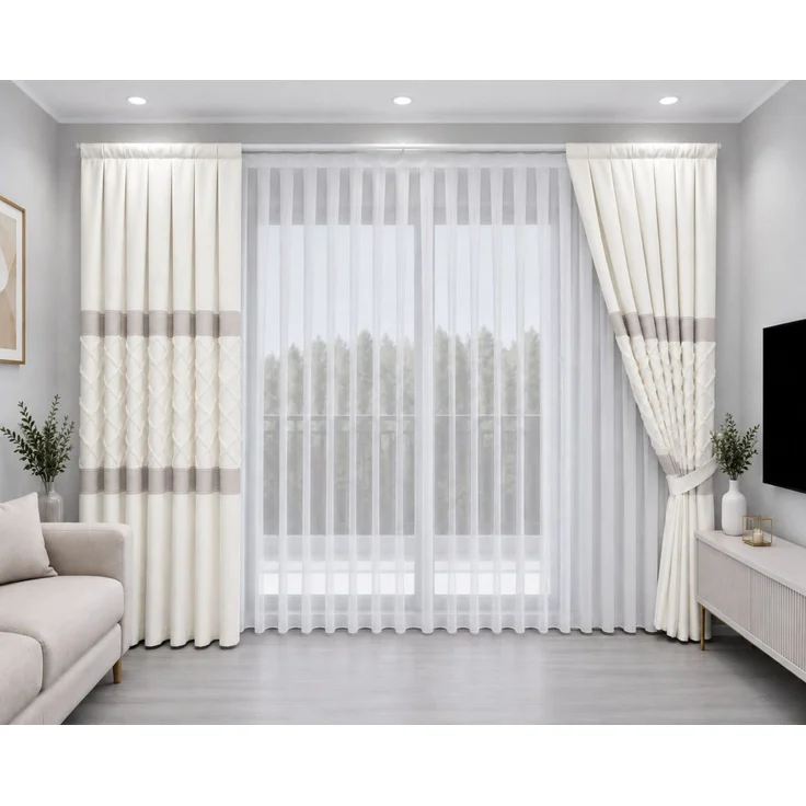 Gardinen by Justyna Gardine Vorhang Creme Weiß Falten Fon Gardine Komplett Set (5 St), Kräuselband, halbtransparent, Fertiggardine,Hochwertiggardine,Turkischegardine,Perde,Pileli – Bild 1