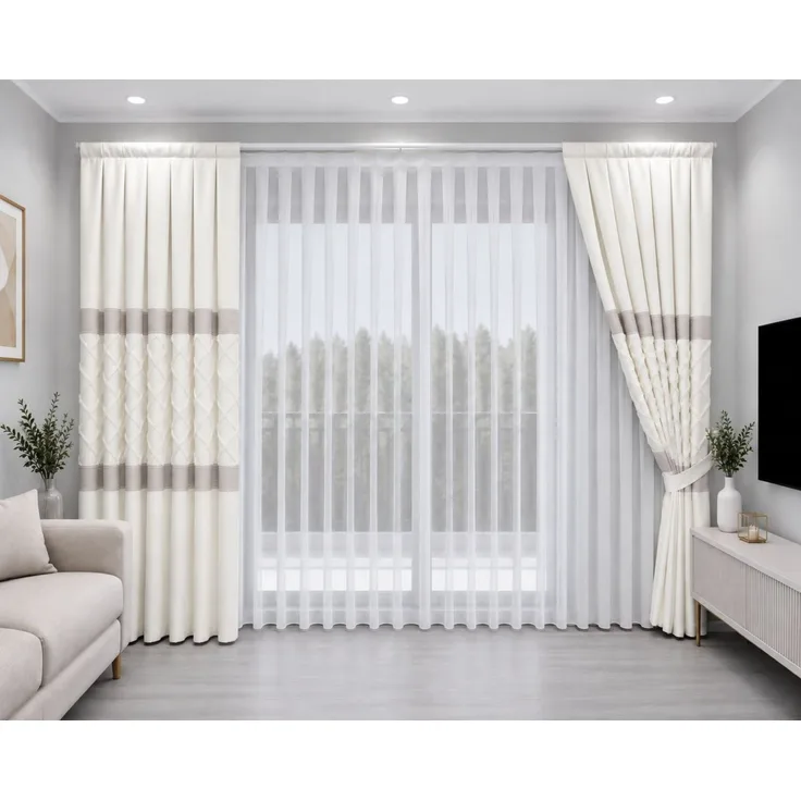 Gardinen by Justyna Gardine Vorhang Creme Weiß Falten Fon Gardine Komplett Set (5 St), Kräuselband, halbtransparent, Fertiggardine,Hochwertiggardine,Turkischegardine,Perde,Pileli