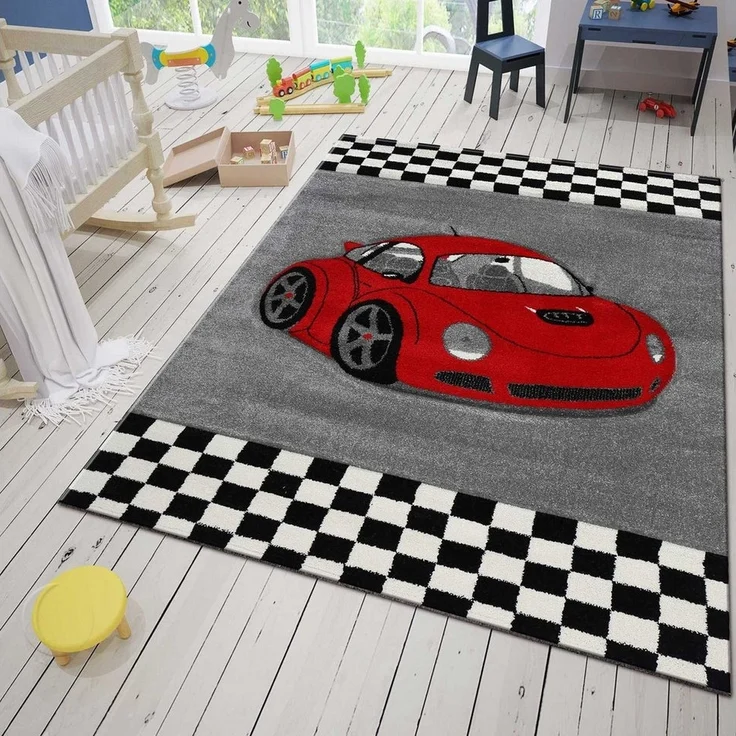 Vimoda Kinderteppich Auto Kinder teppich Auto Rot, Car Rennwagen, Rechteckig, Höhe: 11 mm, Läufer Auto Rot Kinderzimmer Spielzimmer – Bild 1