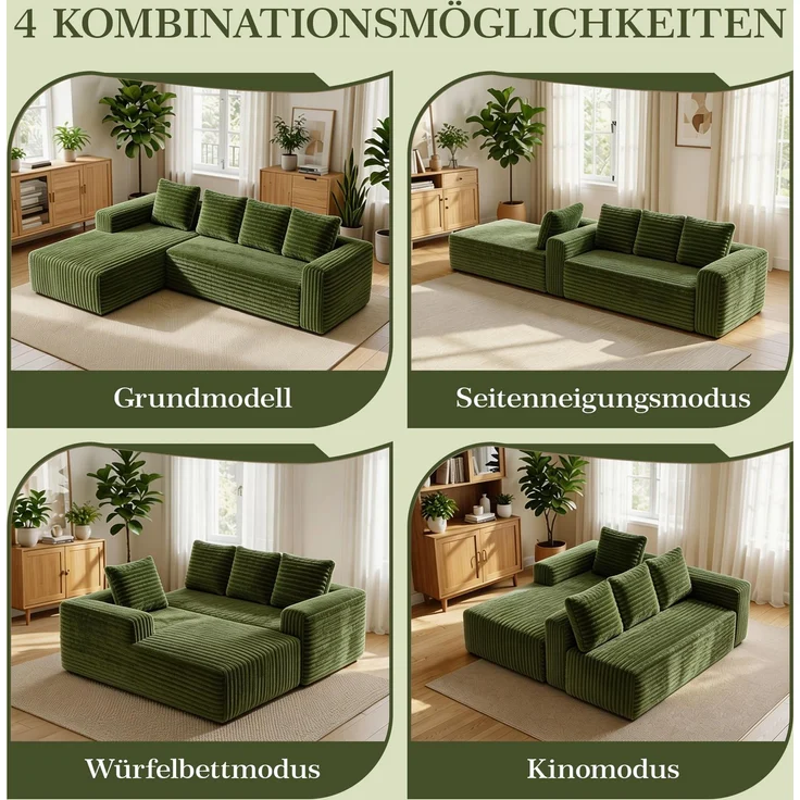 ZUBALIYA Sofa, modular kombinierbar, H 58 × T 168 × B 261 cm, Grün, Cord – Bild 15