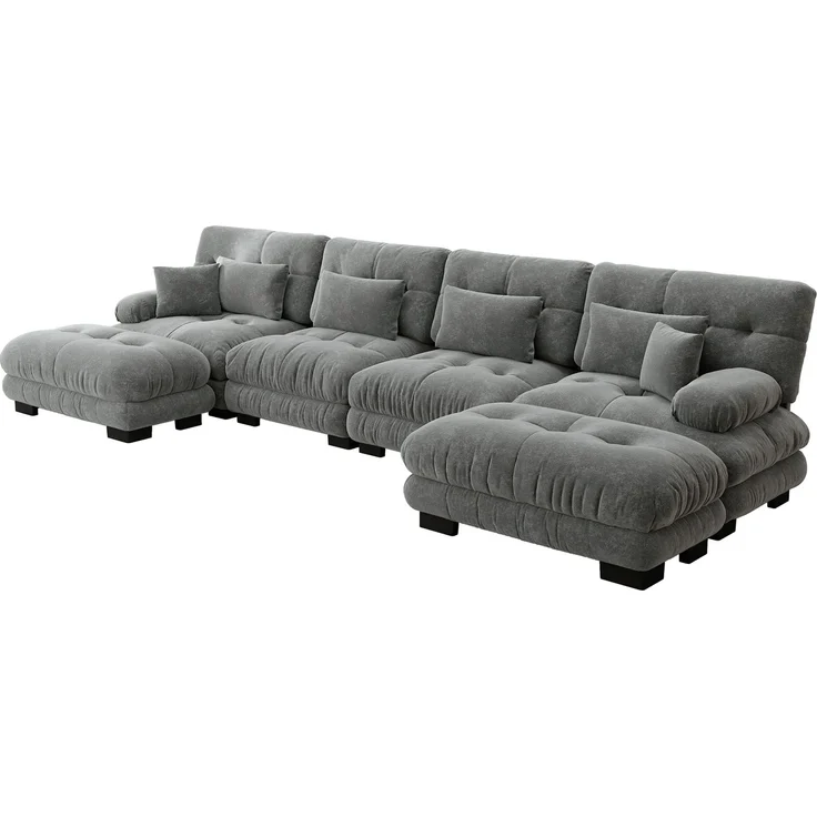 ZUBALIYA Modulare Wohnlandschaft, modular kombinierbar, mit Hocker, H 81 × T 145 × B 406 cm, Grau, Chenille – Bild 7