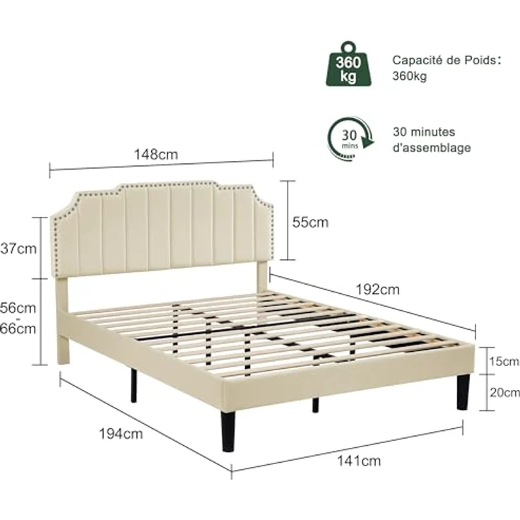 VECELO Doppelbett, gepolstert, 140 x 190 cm, Bettgestell mit Kopfteil, Lattenhalterung aus stabilem Holz, hochwertiger Samtstoff, einfach zu montieren, Beige – Bild 2