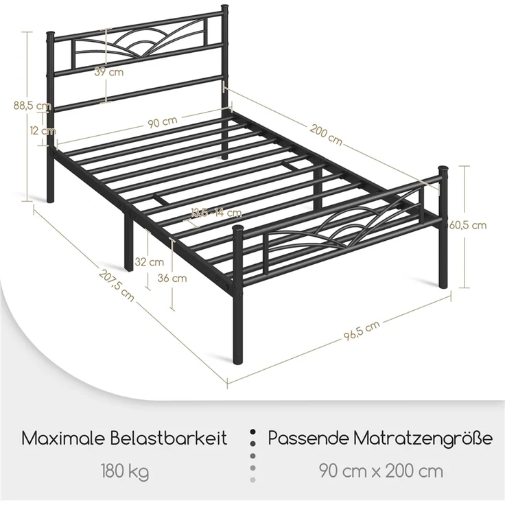 Yaheetech Metallbett mit Lattenrost, Wolkenmuster, Metall Schwarz, 90x200 cm – Bild 4