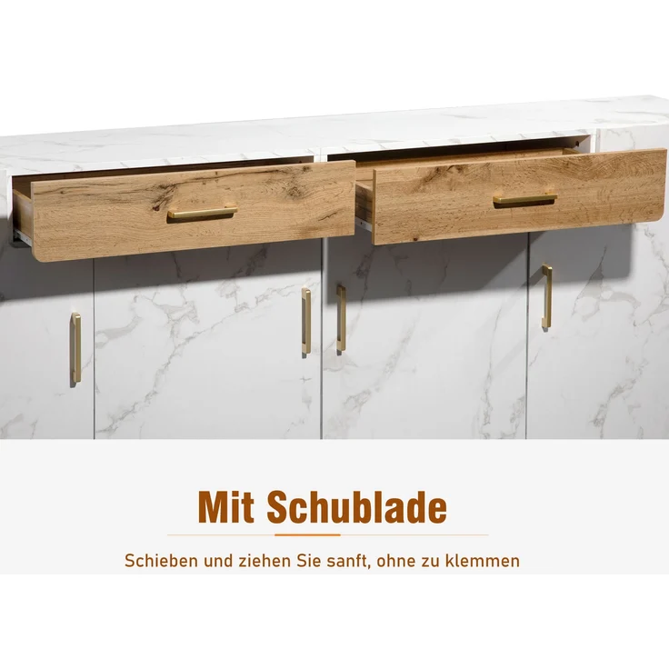 Sideboard, mit 4 Türen, 2 Schubladen & 8 Holzfüßen, 208x39,5x80 cm, Weiß/Braun – Bild 9