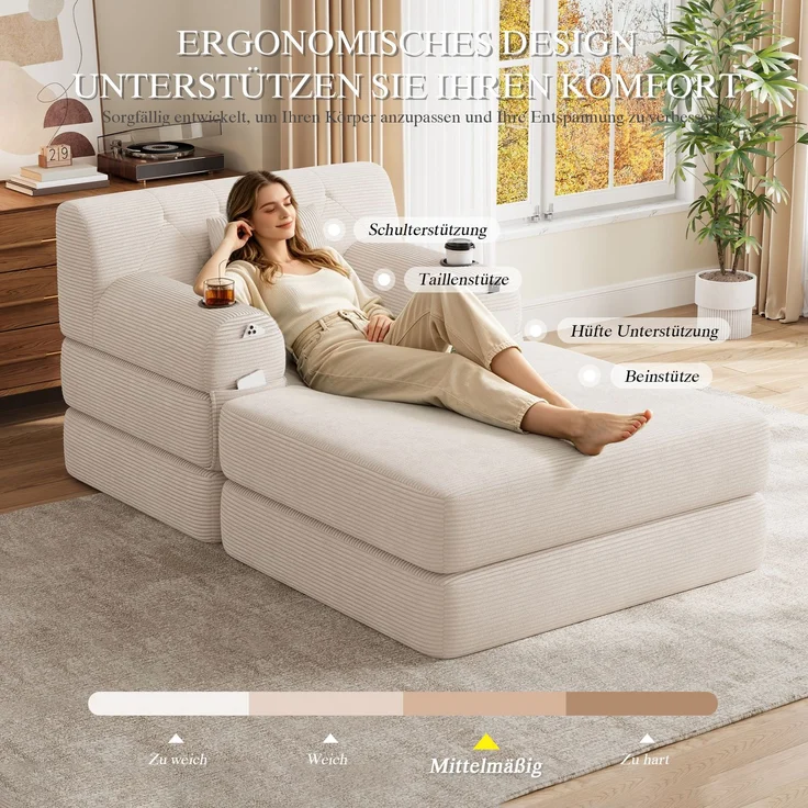 ZUBALIYA Schlafsofa 162x81 cm, mit Stauraum, mit Samtbezug, mit Cordbezug, mit Knopfheftung, mit breiten Armlehnen, Beige – Bild 7