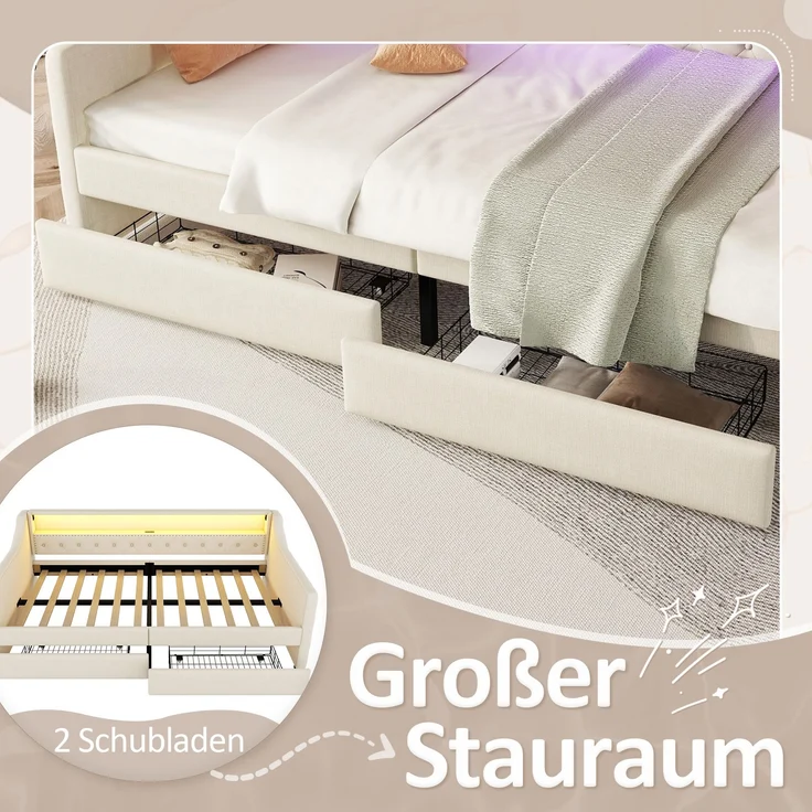 Bett 90x200 cm aus Leinen mit LED-Ambiente und Stauraum – Bild 7