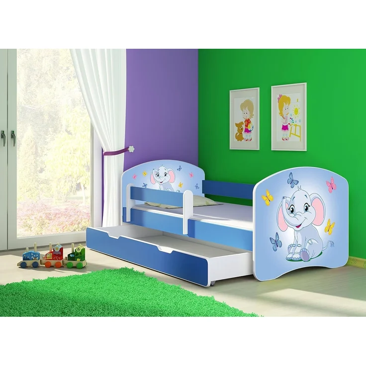 ACMA Kinderbett Jugendbett mit Einer Schublade und Matratze Blau mit Rausfallschutz Lattenrost II 140x70 160x80 180x80 (26 Elefant, 160x80 + Bettkasten) – Bild 2