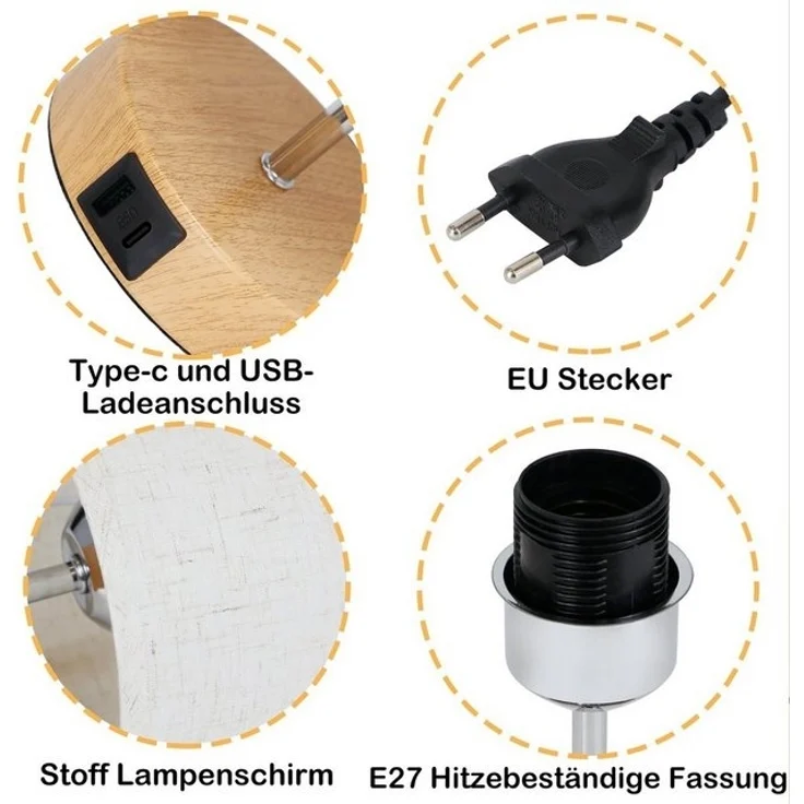 Nettlife Tischleuchte Type-c und USB Tischlampe mit Stoff Lampenschirm, mit USB Ladefunktion, LED fest integriert, Warmweiß, Schlafzimmer Wohnzimmer Nachttisch Geschenk – Bild 4