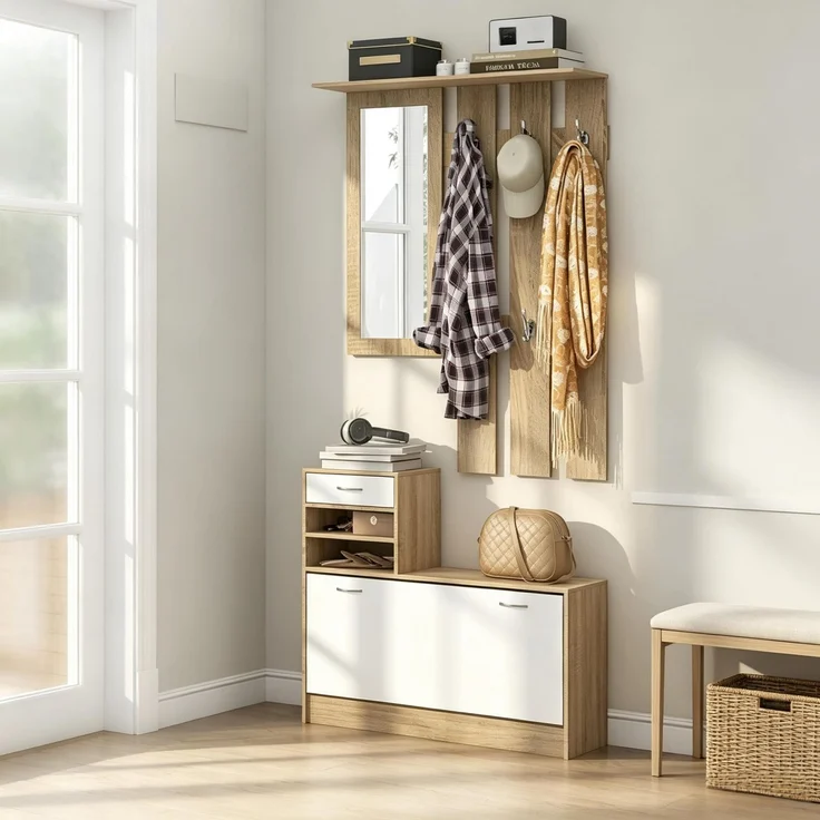 Flur Garderobenmöbel mit Kleiderhaken-Paneel, Spiegel und Schuhbank, 6 Haken und verstellbares Regalbrett(nur mit Flur Garderobenmöbel)--Natur, Weiß--90x10x91cm--YOUDENOVA – Bild 4