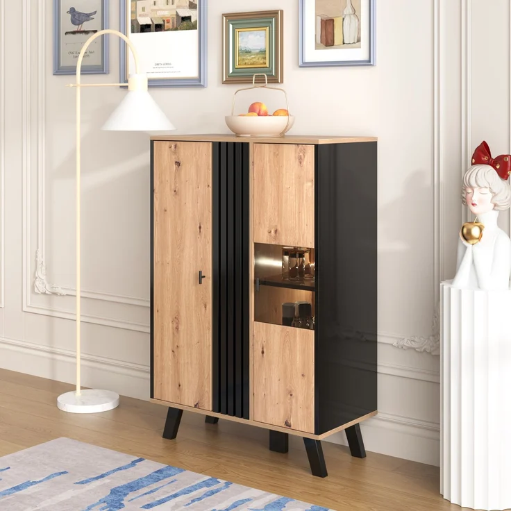 Merax Beistellschränke, Sideboard, Vitrinen mit Glas und LED-Beleuchtung, eine Kombination aus Schwarz und Holzfarben – Bild 3