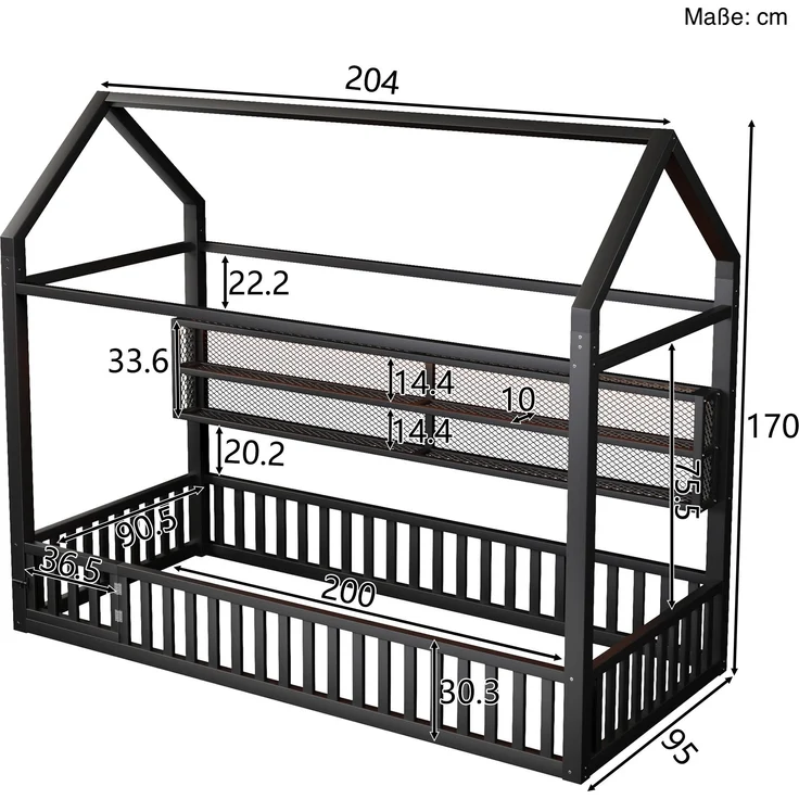 Hausbett mit LED-Beleuchtung, Tür und Regal, 90x200cm, Kinderbett ohne Lattenrost, Einzelbett, Metallbett – Bild 5