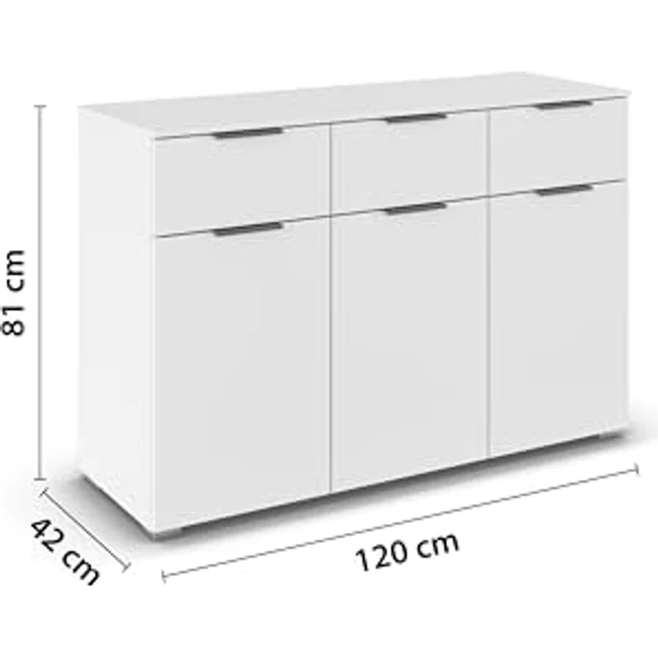 Rauch Möbel Alabama, Kommode, Farbe Weiß, Maße 120x81x42 cm | Sideboard, 3-türig, 3 Schubladen, Soft-Close-Funktion, Griff Grau metallic, für Schlafzimmer, Kinderzimmer, Garderobe, Flur – Bild 3