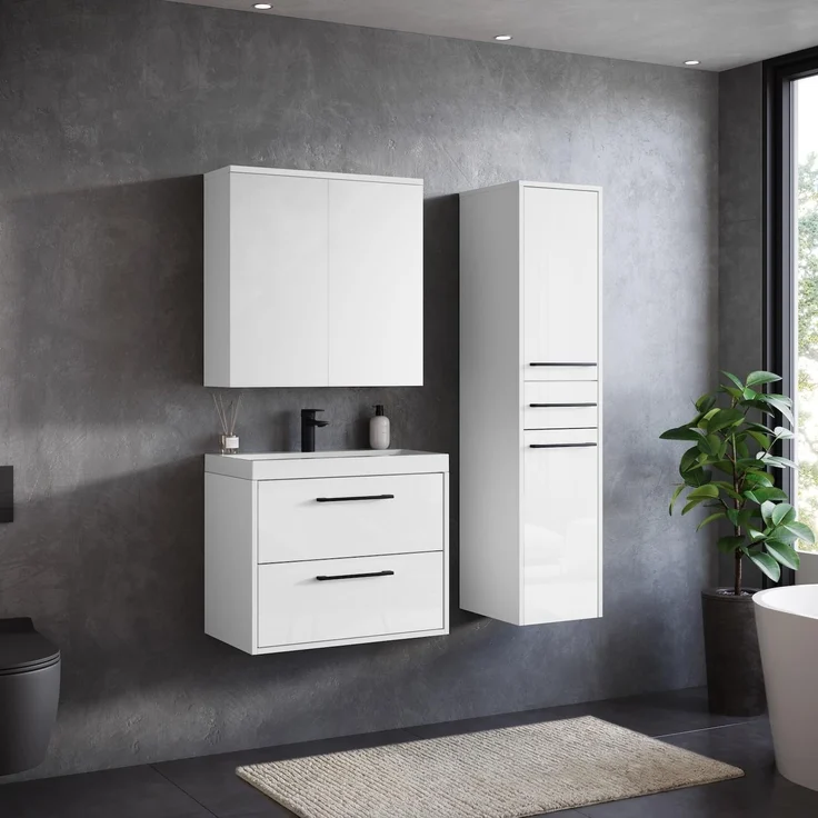 Badplaats Badezimmerschrank Florence 30 x 35 x 130 cm Weiß Hochglanz - Hoch Badschrank mit 2 Türen und 1 Schublade – Bild 3