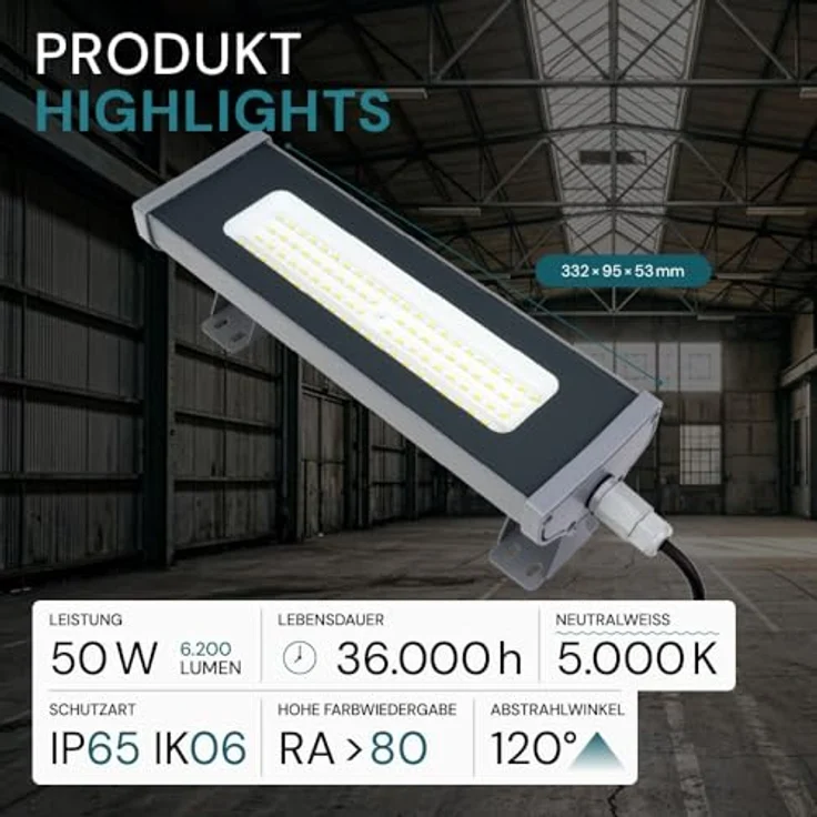 LUXULA Deckenleuchte LED Hallenleuchte Werkstattleuchte, LED fest integriert, Neutralweiß (5000K), IP65 – Bild 4