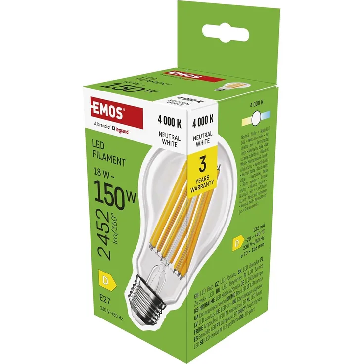 EMOS LED Lampe Edison A70, 18W Ersatz für 150W Glühbirne, Vintage-Glühlampe mit E27 Sockel und Helligkeit 2452 lm, Neutralweiß 4000 K, 25000 Stunden Lebensdauer, CRI > 80, 360° Abstrahlwinkel