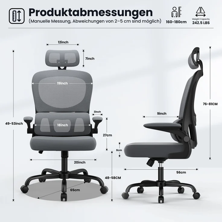 Botifly Ergonomischer Bürostuhl, Mesh-Gewebe, Grau, 90°-120° Wippfunktion, 10 cm Höhenverstellbar, 52 x 25.5 x 62 cm – Bild 2